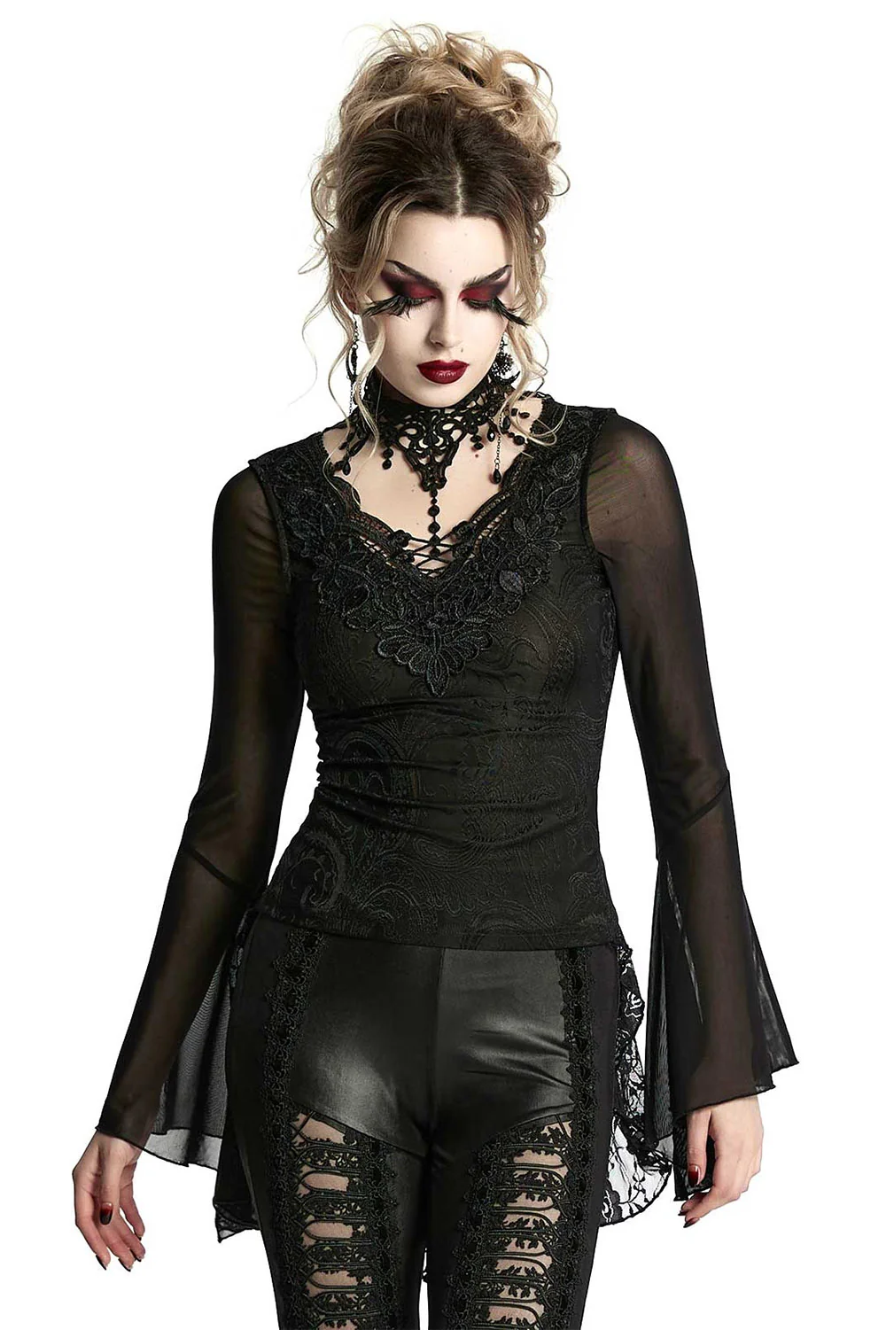 Bathory Damask Mesh Lace-Up Top