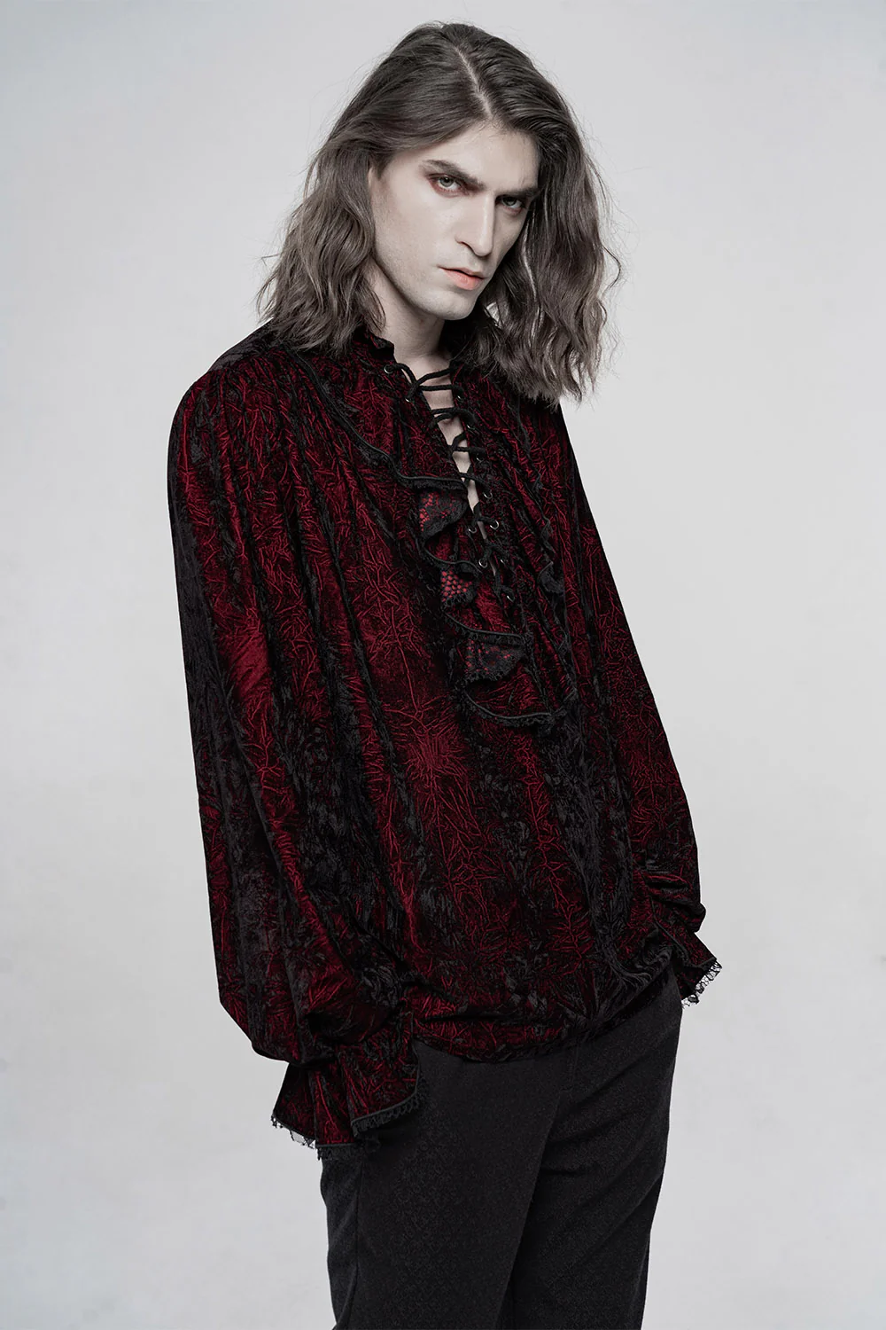 Bloodletting Lace-Up Velvet Shirt [Red] - Image 2