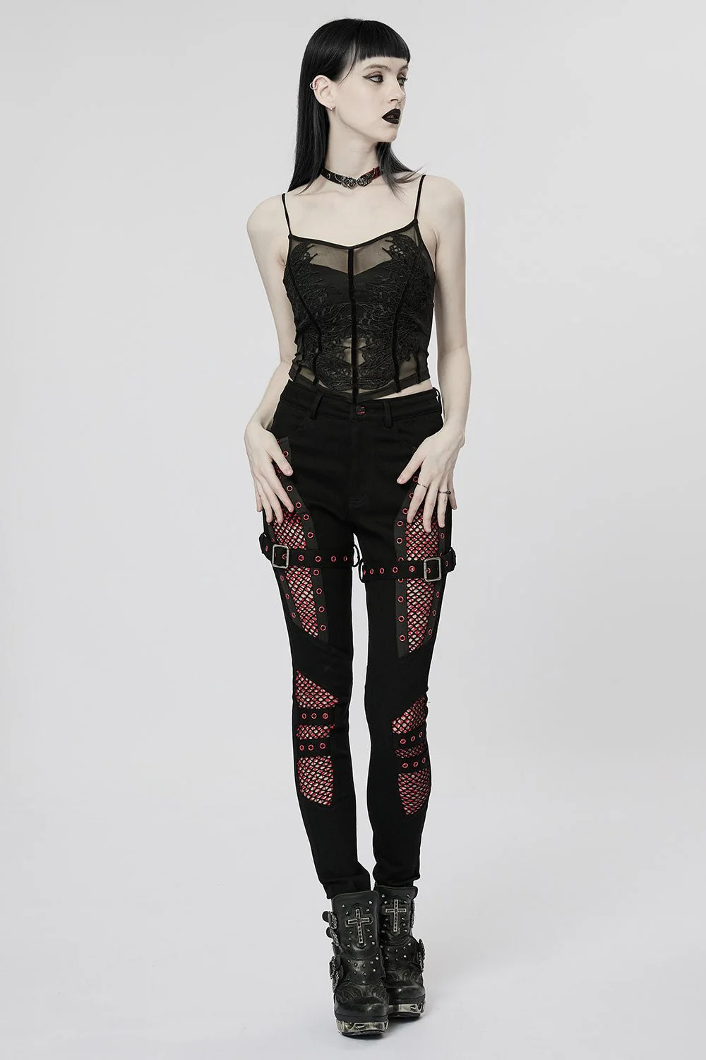 Bloodline Fishnet Skinny Jeans [BLACK/RED] - Image 6
