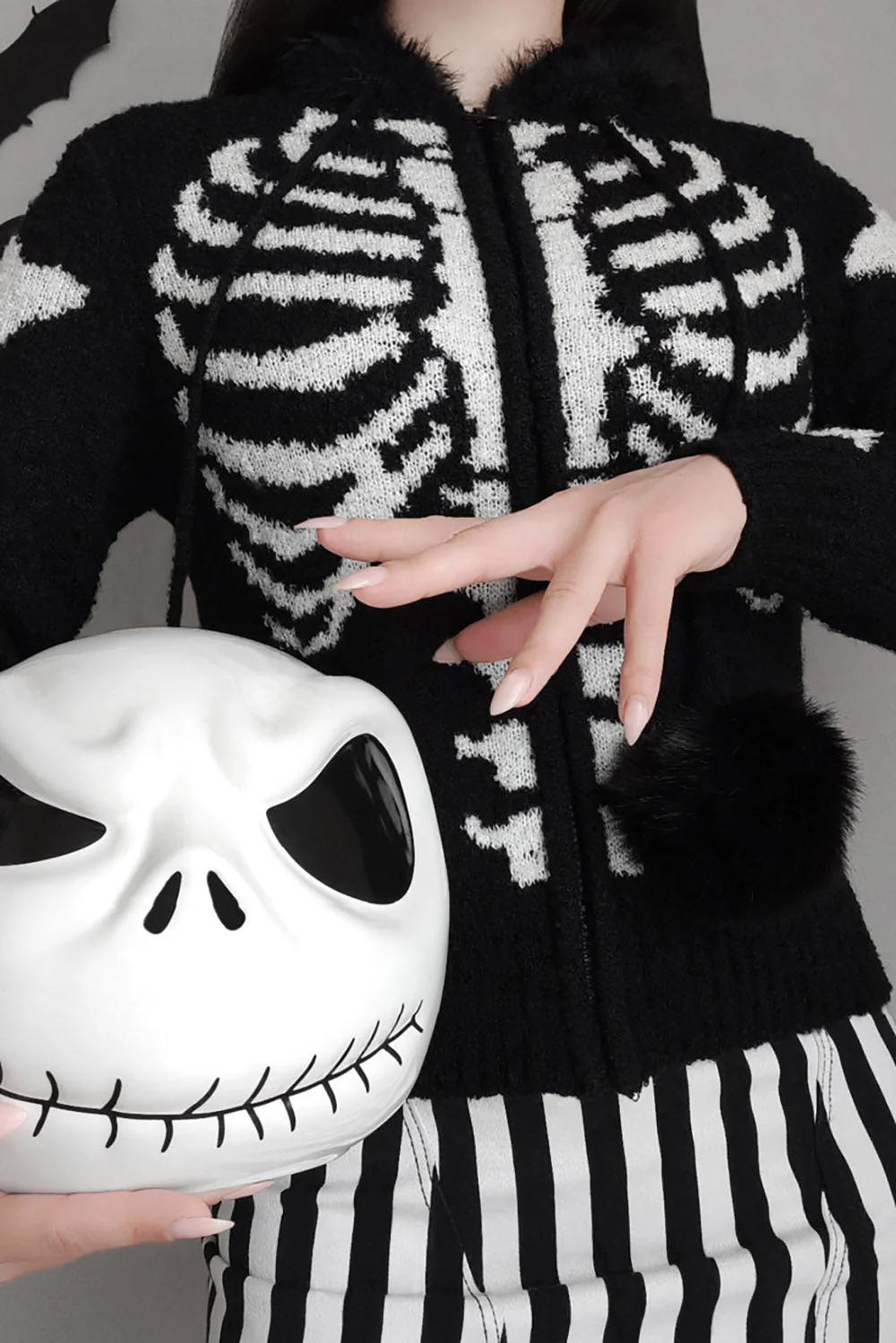 Bony Rib Cage Skeleton Fur Zip Sweater [BLACK/WHITE] - Image 11