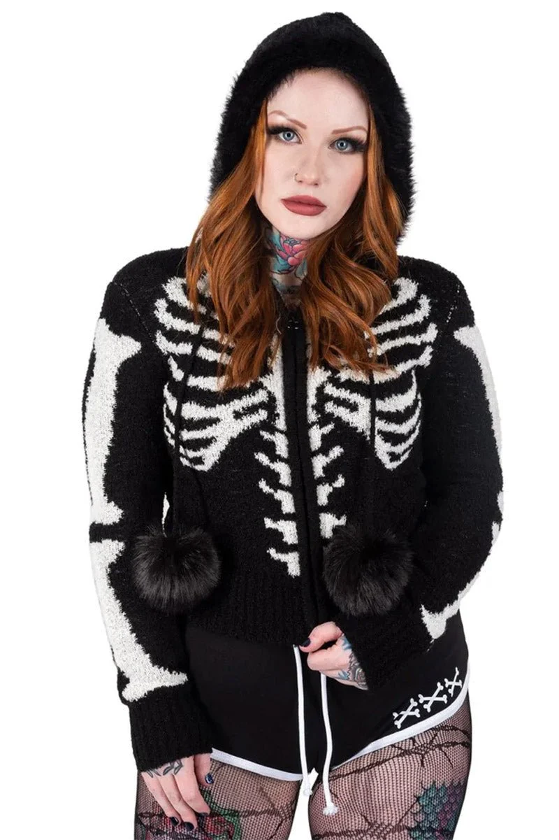 Bony Rib Cage Skeleton Fur Zip Sweater [BLACK/WHITE] - Image 2