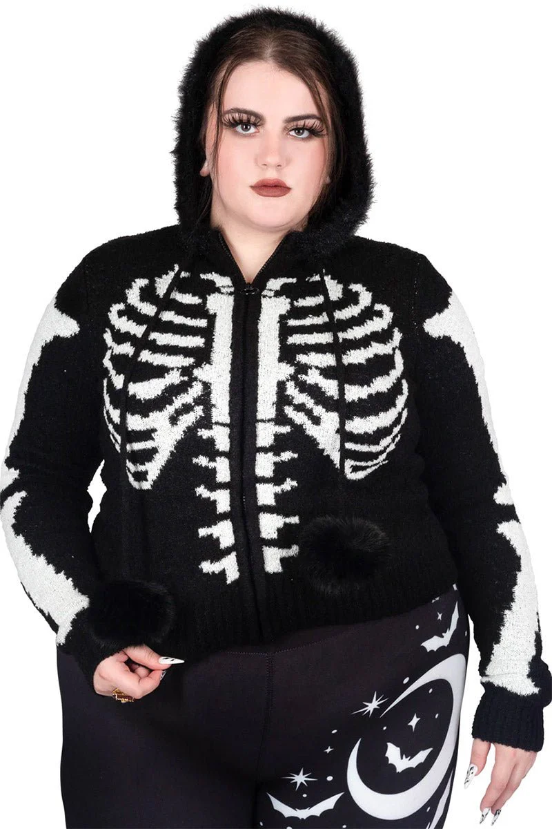 Bony Rib Cage Skeleton Fur Zip Sweater [BLACK/WHITE] - Image 5