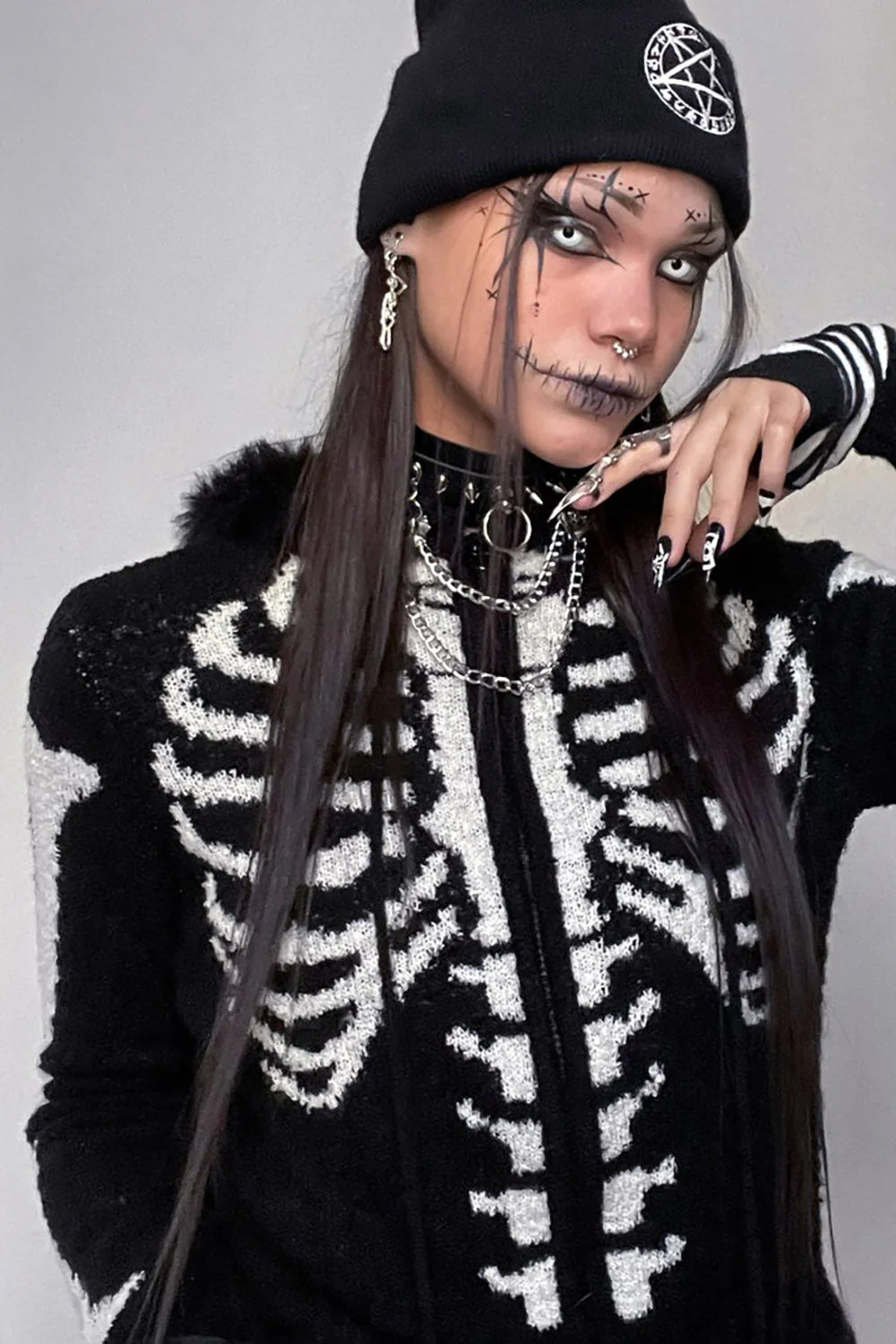 Bony Rib Cage Skeleton Fur Zip Sweater [BLACK/WHITE] - Image 8