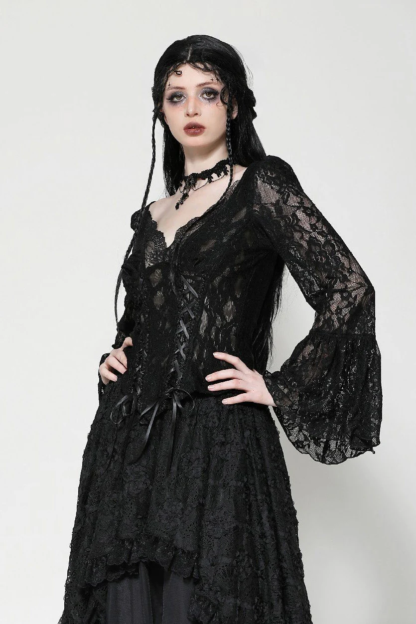 Dark Palace Flared Sleeve Lace-Up Top - Image 3