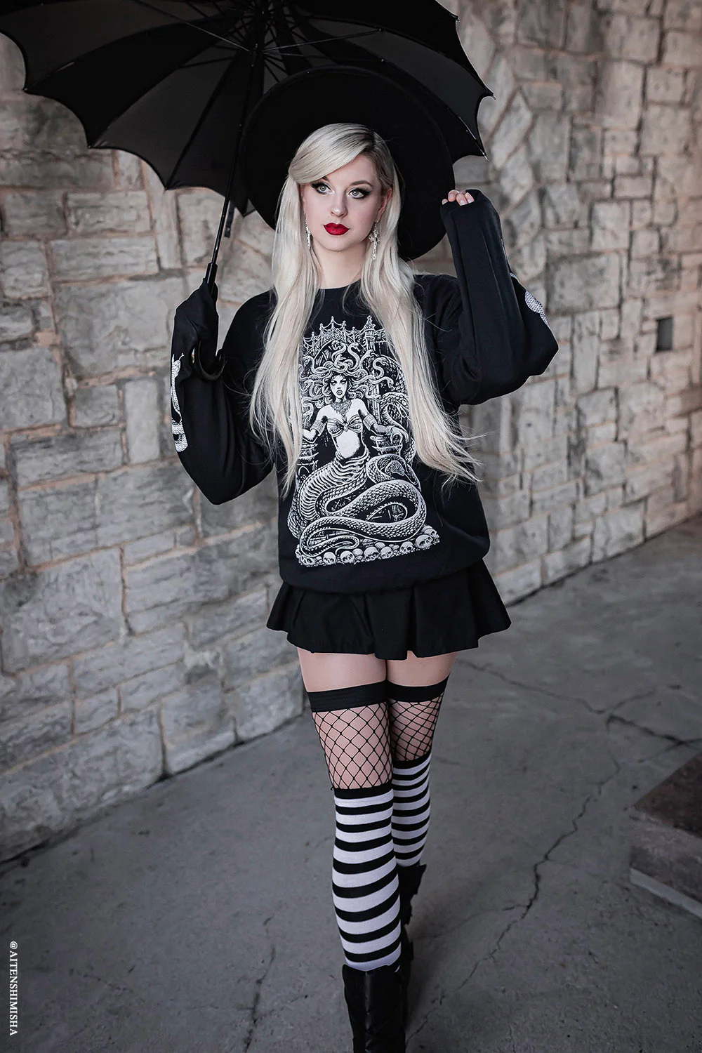 Fishnet Garter Thigh High Socks [Black/White] - Image 10