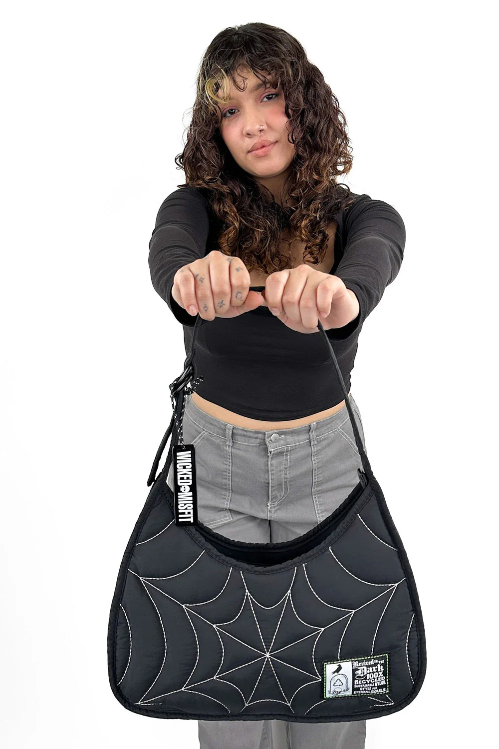 Recycled Nylon Puff Spiderweb Shoulder Bag [BLK/WHT Spiderweb] - Image 3