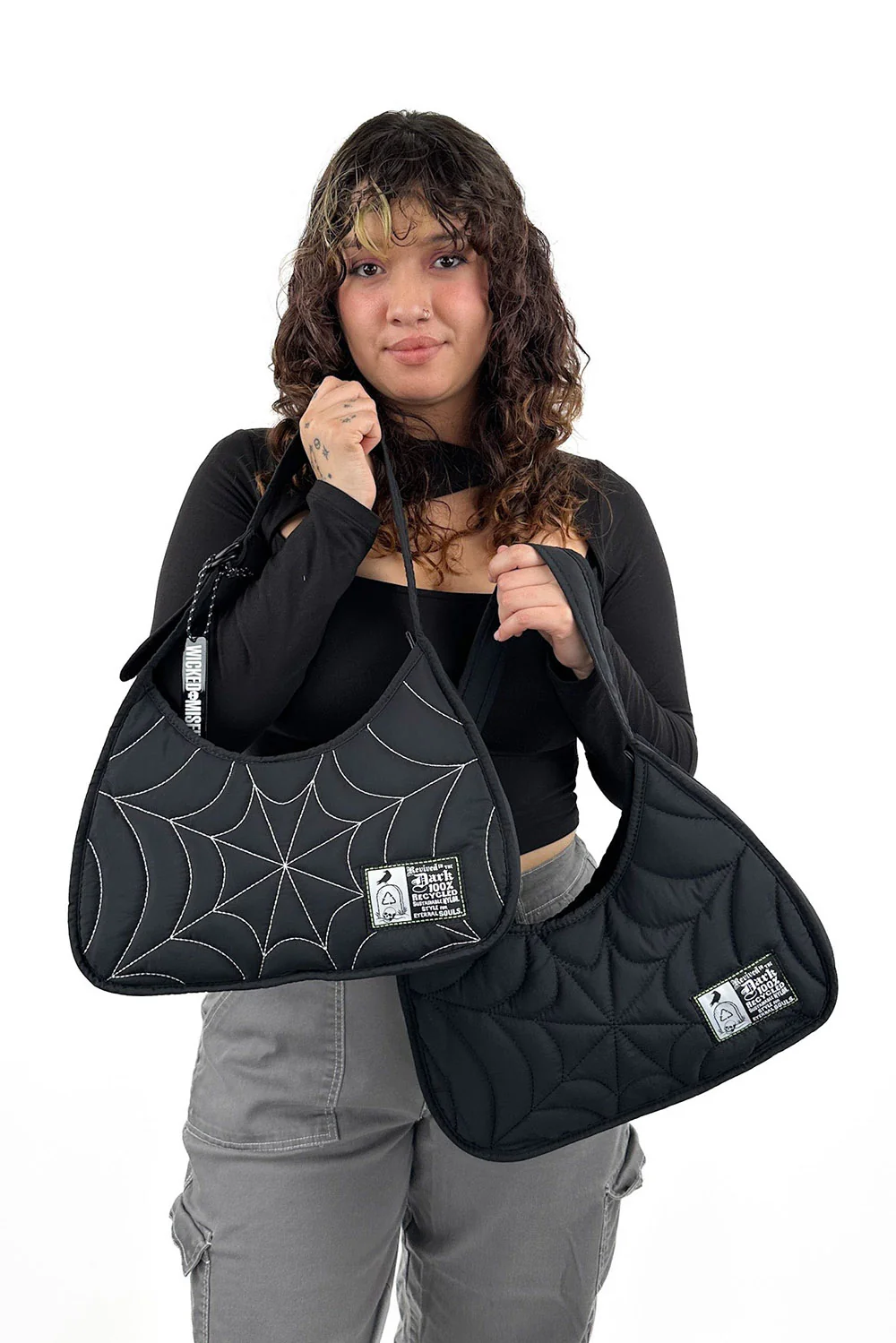 Recycled Nylon Puff Spiderweb Shoulder Bag [BLK/WHT Spiderweb] - Image 5