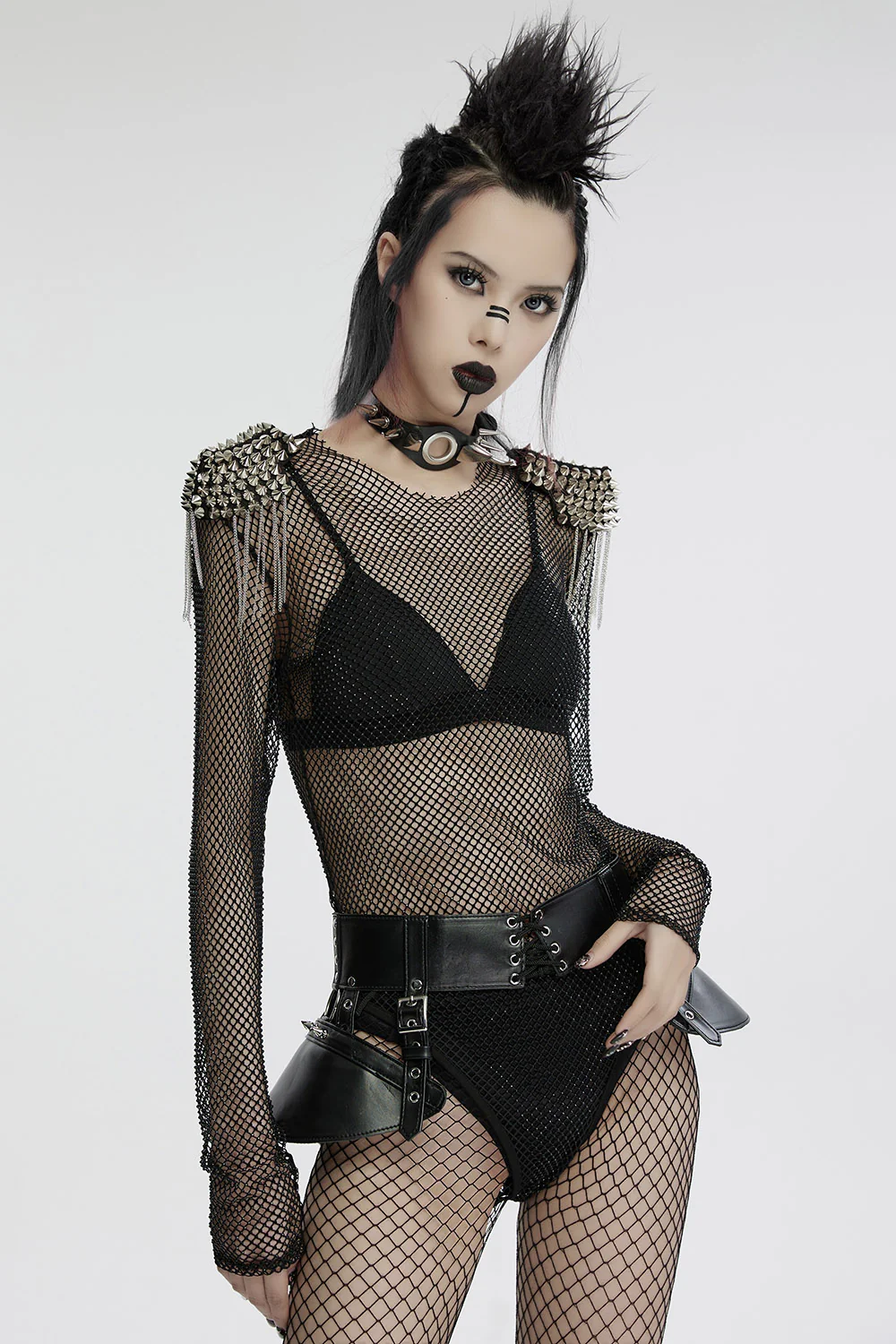 Spiked Shoulder Fishnet Bodysuit - Image 2