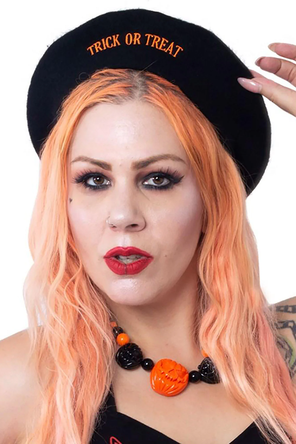 Trick Or Treat Pumpkin Black Beret - Image 2